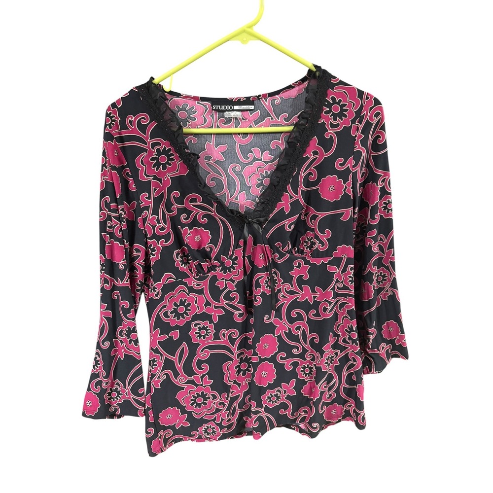 Studio Donatella Pink Black Floral Paisley V-Neck Ruffle Blouse Top Small SR1345